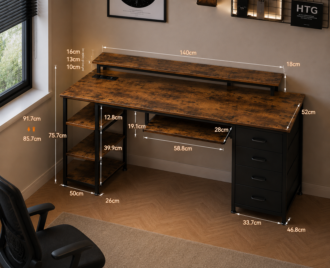Desk with 4 Drawers, Computer Desk with 2 Sockets and 2 USB Charging Ports