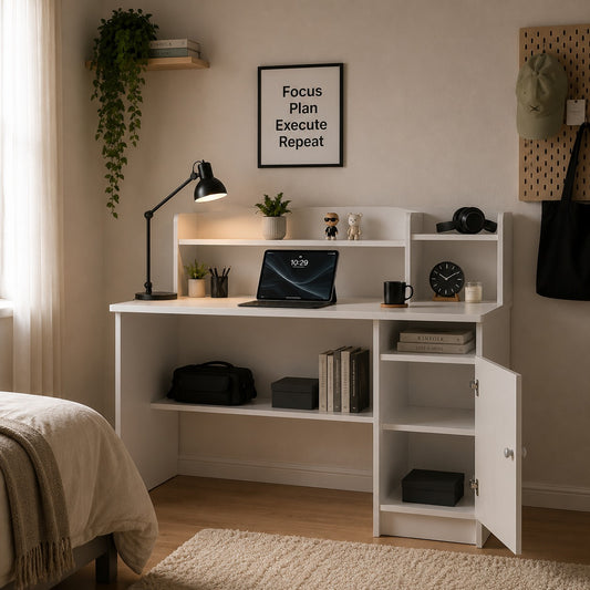 CubiCubi Computer Desk with Storage, 47 Inch Home Office Desk with Hutch and Shelves, Modern Writing Study Desk Work Table with Cabinet, White