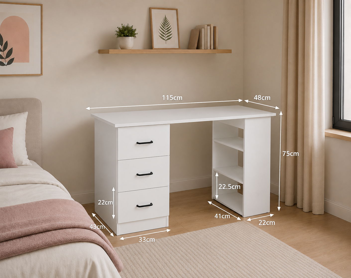 Modern Writing Desk with 3 Drawers & Open Shelves – Home Office Computer Desk, White