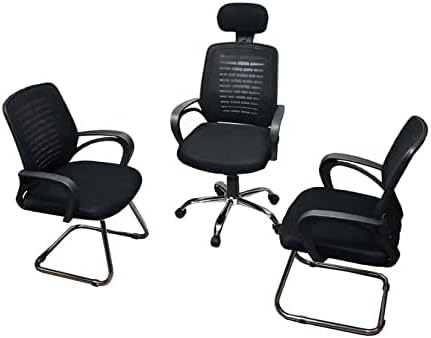 2 Office Fixed Chair and Wheelchair with Headrest Set (Black)