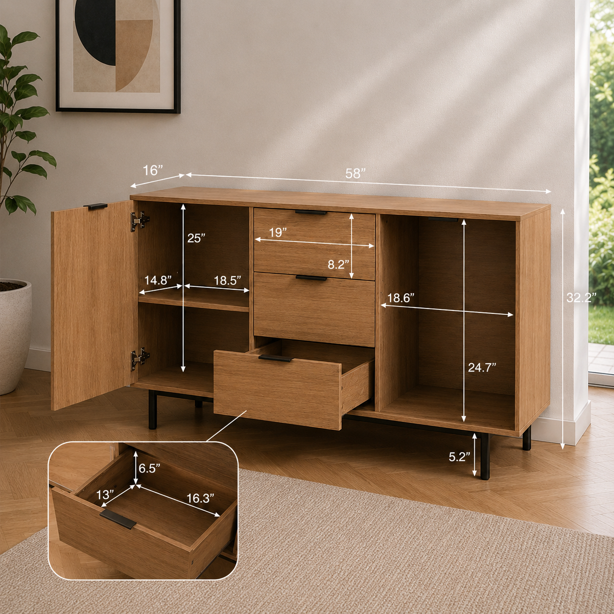Contemporary Style Sideboard with Wood Grain Sticker