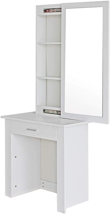 Panana Modern Girls Bedroom Dressing Table Sliding Mirrored Door with 1 Drawer Makeup Desk Vanity Table (White)