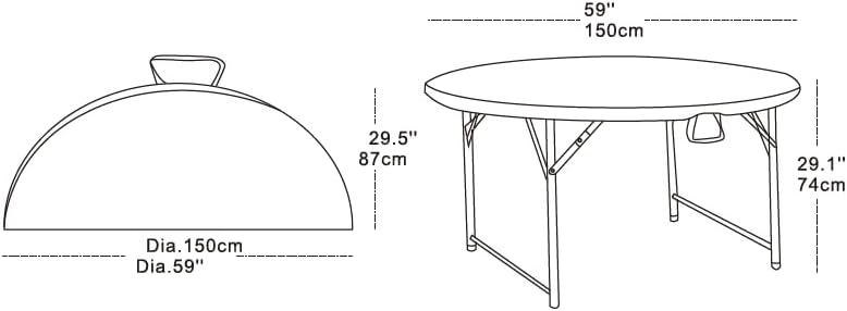 Round Folding Table, 150 cm Diameter, White Top with Grey Steel Frame, Portable