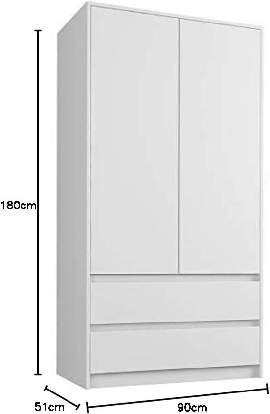 FRAMIRE B-9TIP Wardrobe in White, 2 Door Wardrobe, 2 Drawers, Wardrobe for Bedroom, Living Room, Hallway, 180 x 90 x 51 cm