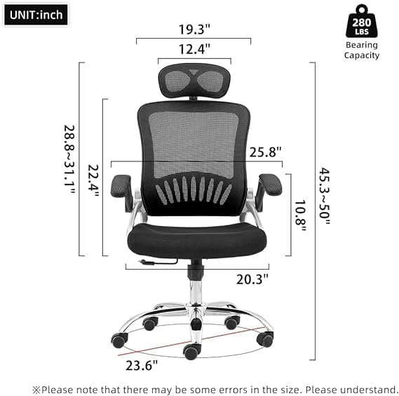 Al Amal Mesh Office Chair High Back Folding Armrest Adjustable Headrest Lumbar Support (Black) - Silver Hand Rest