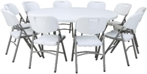Round Table, 180 cm Diameter, White Top with Steel Frame, Portable