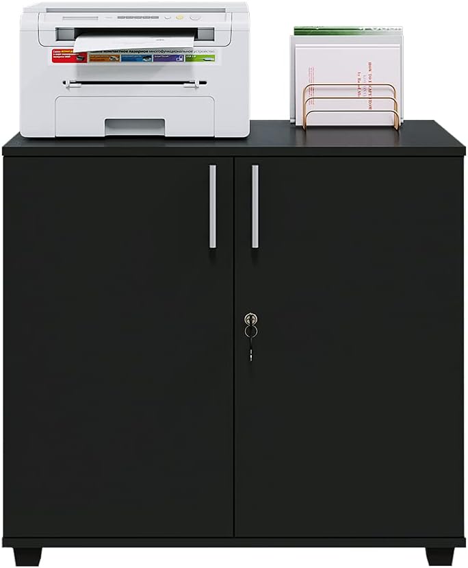 Panana 2 Door Wood File Cabinet With Lock, Office Storage Cupboard Lateral Filing Cabinet Organizer For Home Office (Black)