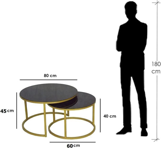 FurniFlex Stainless Steel Frame Round Sofa Coffee Table with Marble Corner, 47 cm x 55.5 cm Size, Black/Gold