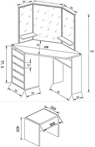 Panana Corner Dressing Table Makeup Desk Bedroom Dresser Table Furniture With Mirror Makeup Stool Set (White)