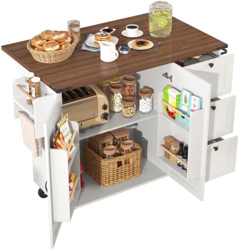 KUAKE Kitchen Island, Serving Trolley with Extendable Worktop, Kitchen Cabinet, Kitchen Trolley, Dining Trolley with Wood Grain, Dining Trolley with Two Doors and Three Drawers (White-2)