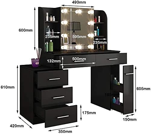 FurniFlex Dressing Table Set/Makeup Table Set with LED Lights, Mirror, 5 Drawers, Black