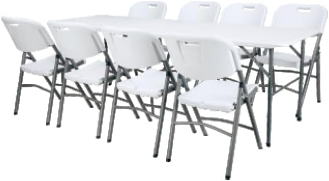Folding Banquet Table, 244 cm Length, White Top with Grey Metal Frame, Portable