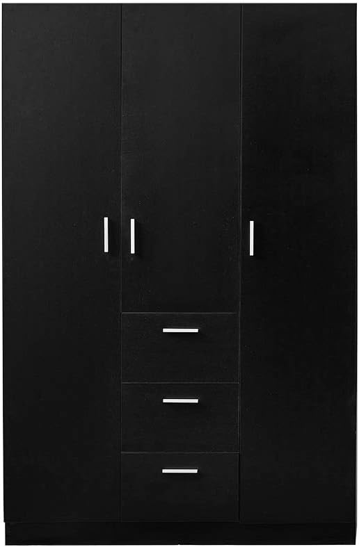 Modern 3 Doors Wardrobes with 3 Drawers and Hanging Rail Large Triple Clothes Storage Closet for Home Bedroom Units (Black)