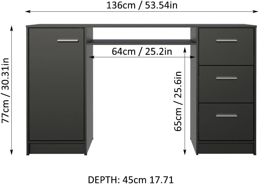 Madesa Home Office Computer Writing Desk with 3 Drawers, 1 Door and 1 Storage Shelf, Plenty of Space, Wood, 18" D x 53" W x 30" H – Black