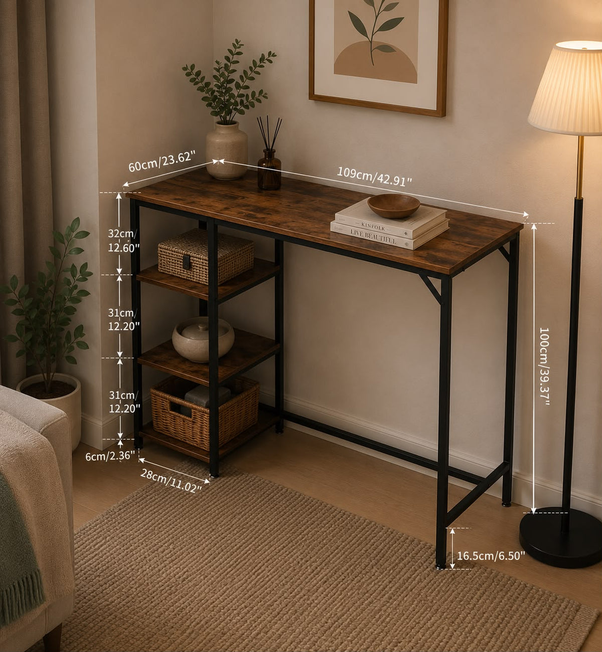 Rustic Industrial Console Table with Storage Shelves