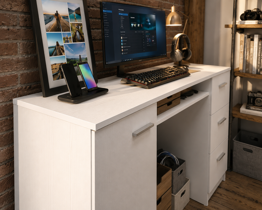 Modern Computer Desk with Storage Cabinet & 3 Drawers – Home Office Writing Desk, White
