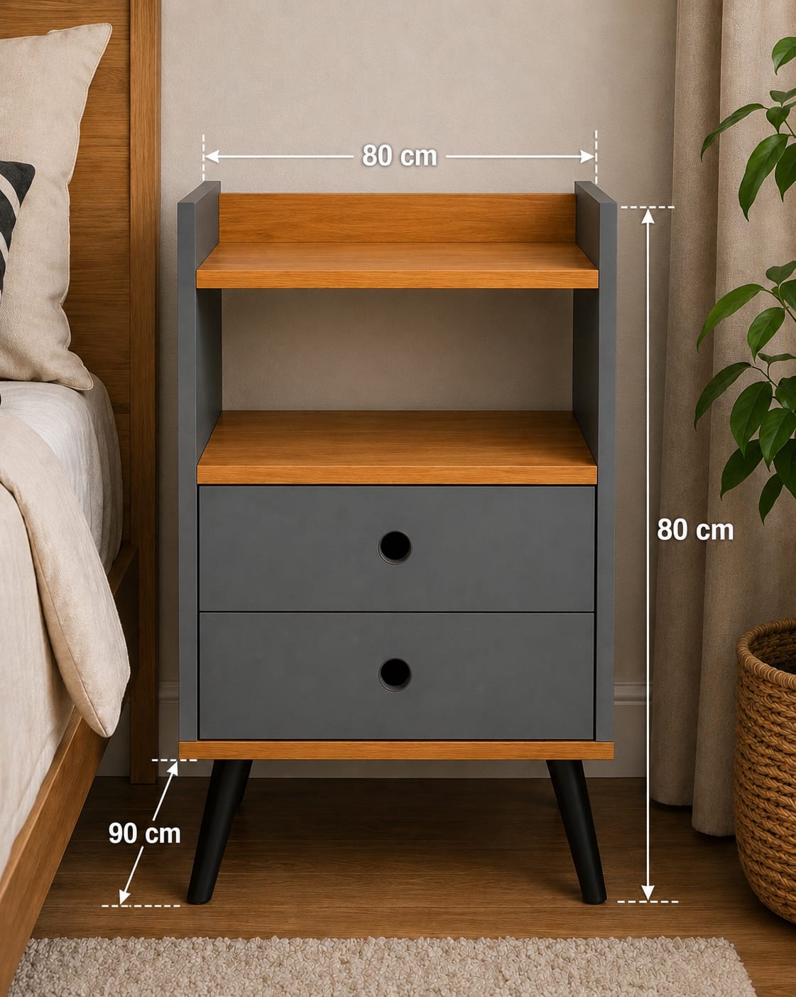 Bedside Table with 2-Drawers, Grey/Cinamomo