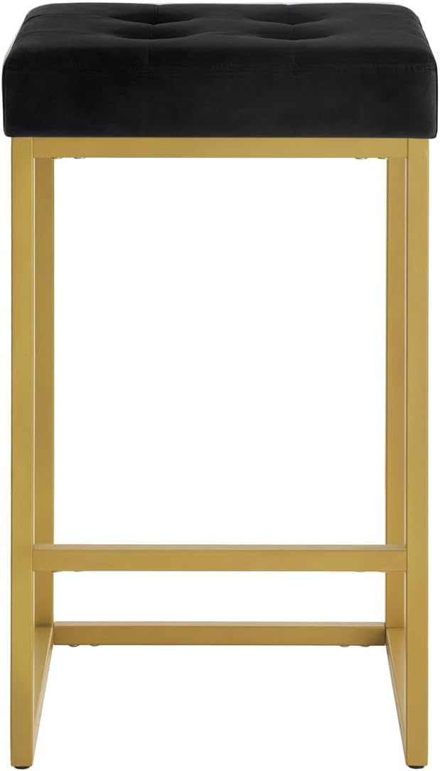 24KF Contemporary 26" H Counter Height Stool with Tufted Seat, Velvet Padded Barstool with Durable Golden Met Balase,Set of 2,5066-Black