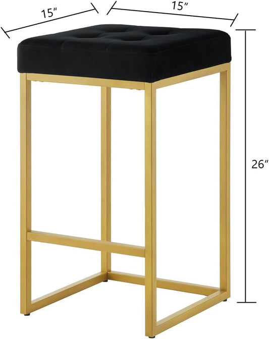 24KF Contemporary 26" H Counter Height Stool with Tufted Seat, Velvet Padded Barstool with Durable Golden Met Balase,Set of 2,5066-Black