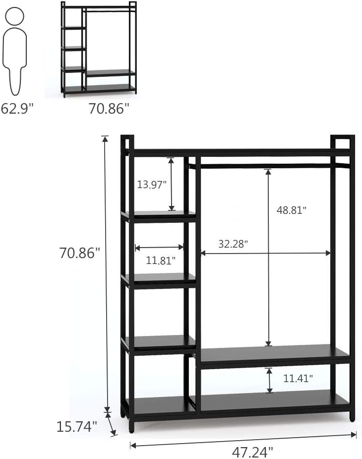 LITTLE TREE Free-standing Closet Organizer, Heavy Duty Clothes Closet, Portable Garment Rack with 6-tier Shelves and Hanging rod, Black Metal Frame & White Board (Black&black)