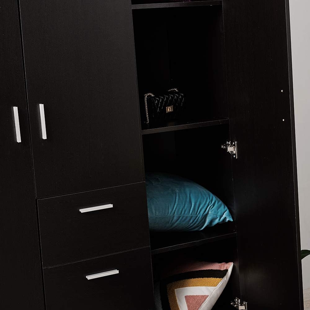 Modern 3 Doors Wardrobes with 3 Drawers and Hanging Rail Large Triple Clothes Storage Closet for Home Bedroom Units (Black)