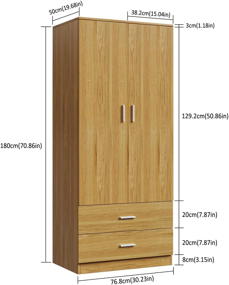 Panana 2 Door 2 Drawer Wardrobe with Hanging Rail Wooden Clothes Storage Cupboards Unit for Bedroom Furniture 76.8 * 50 * 180cm (Oak Effect), Beige