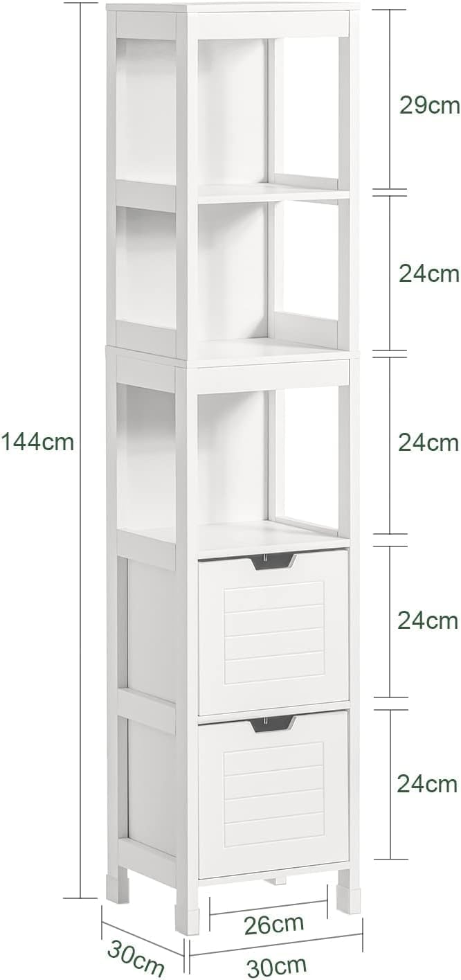 FurniFlex High Bathroom Cabinet with 3 Shelves and 2 Drawers, 30 cm x 30 cm x 144 cm Size