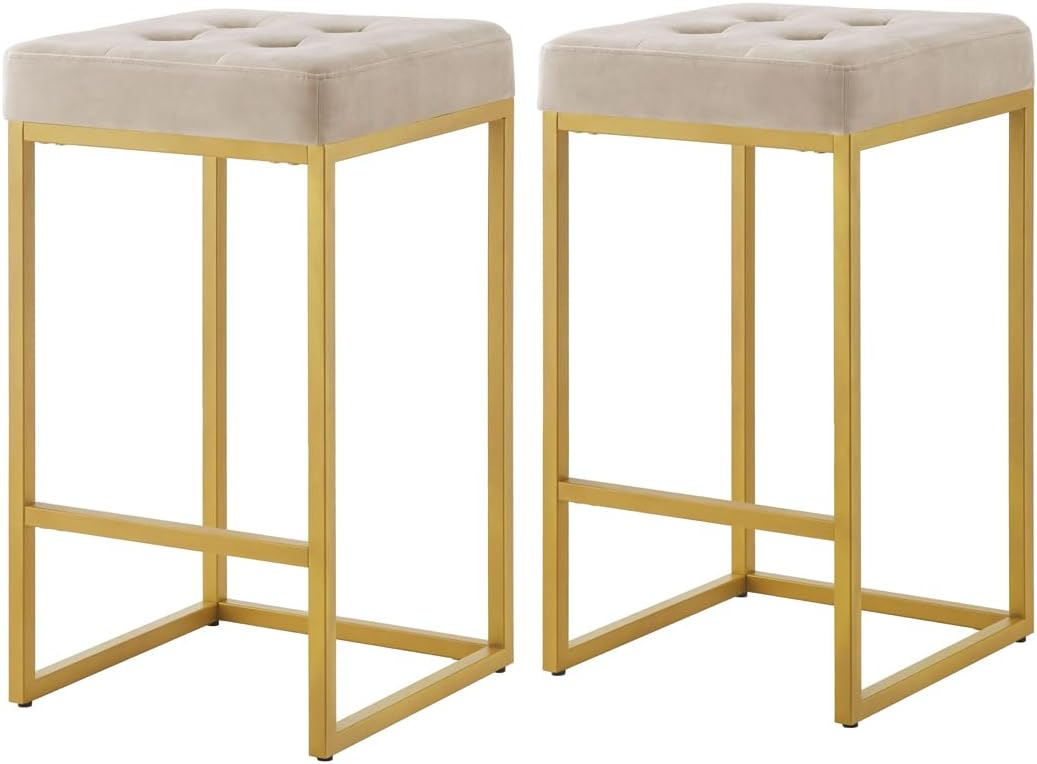 24KF Contemporary Counter Height Bar Stool Set of 2 for Kitchen Island, 26" H Velvet Padded Gold Barstool Bar Chair 5066-Taupe