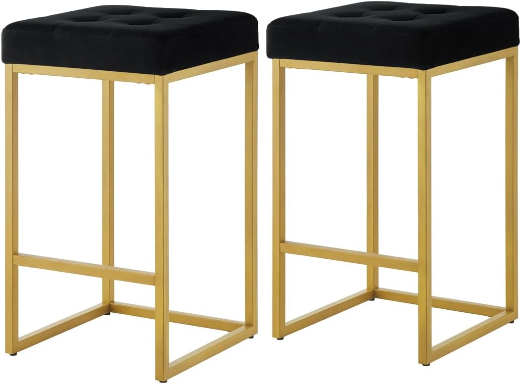 24KF Contemporary 26" H Counter Height Stool with Tufted Seat, Velvet Padded Barstool with Durable Golden Met Balase,Set of 2,5066-Black