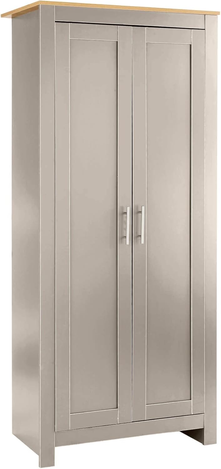 Home Source 2 Wardrobe Tall Clothes Organiser Hanging Rail Shelf Storage, Wood, Grey, Panelled Doors