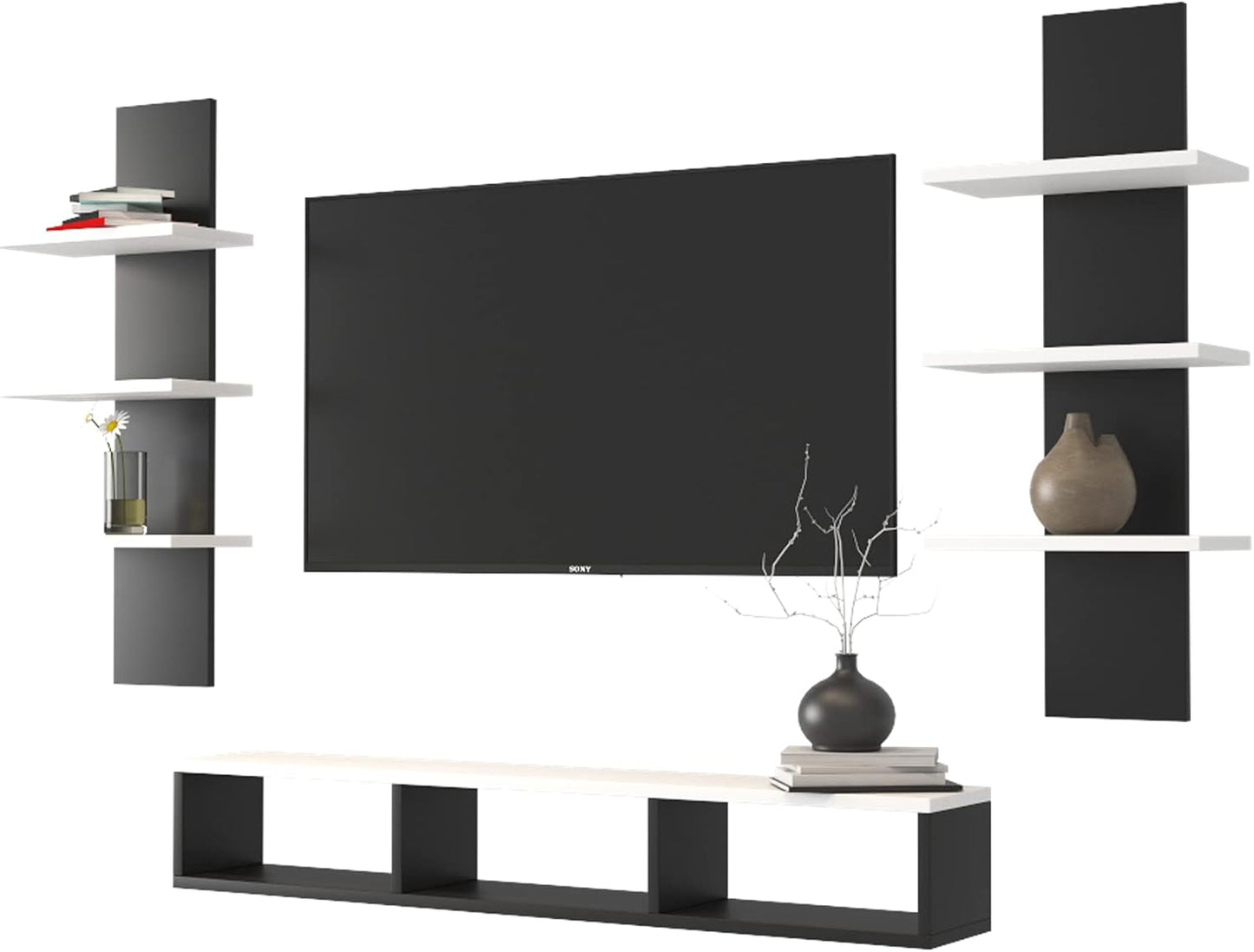 Furinno MDF Wood Wall Mounted TV Entertainment Unit Set Top Box Stand for Living Room Bedroom Hall Home Office Hotel Multipurpose Storage Display Rack Wall Shelf Wooden Furniture (White & Black)