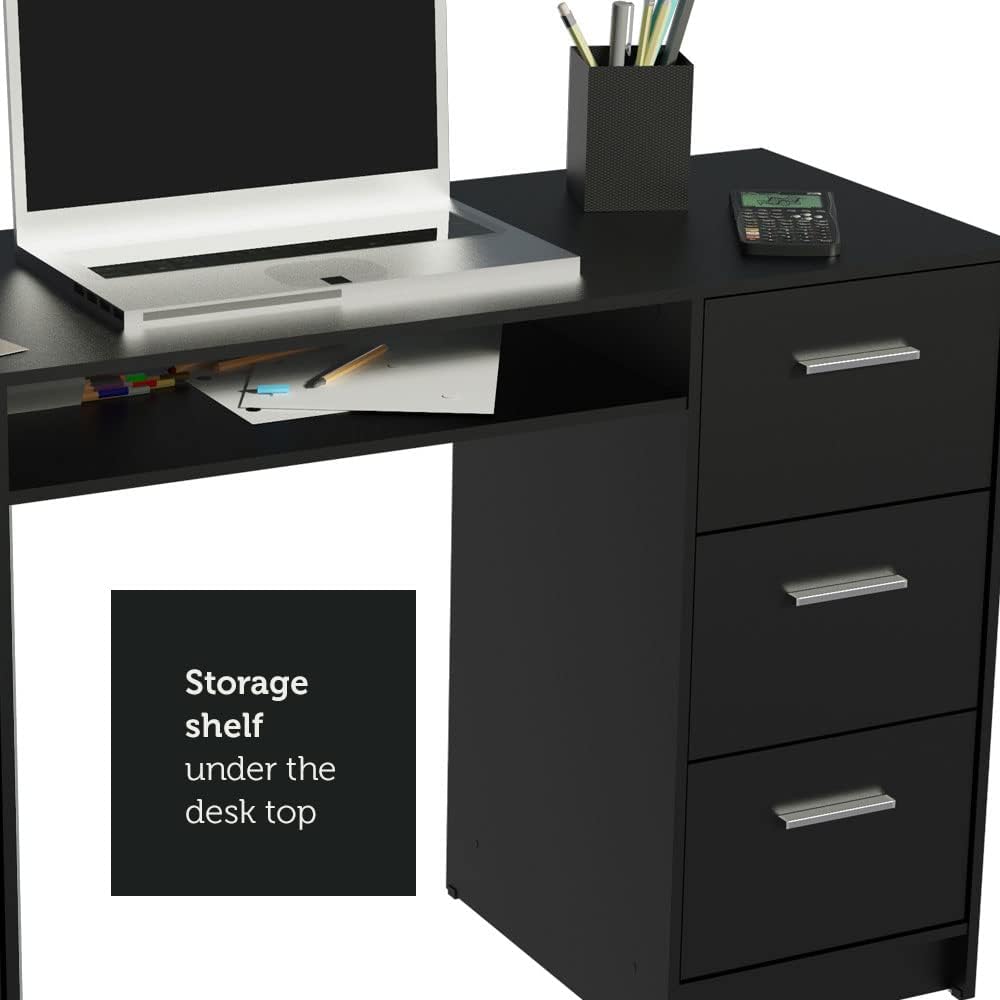 Madesa Home Office Computer Writing Desk with 3 Drawers, 1 Door and 1 Storage Shelf, Plenty of Space, Wood, 18" D x 53" W x 30" H – Black