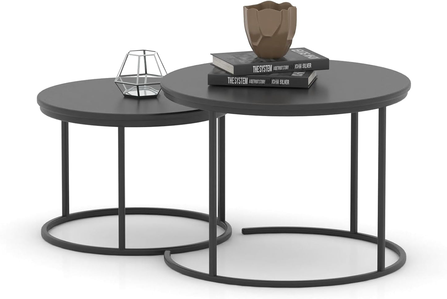RIGID Nesting Tables Set of 2 Wood Coffee Table Round, Farmhouse End Tables for Living Room, Small Couch Tea Table, Industrial Stacking Side Tables with Sturdy Steel Metal Frame