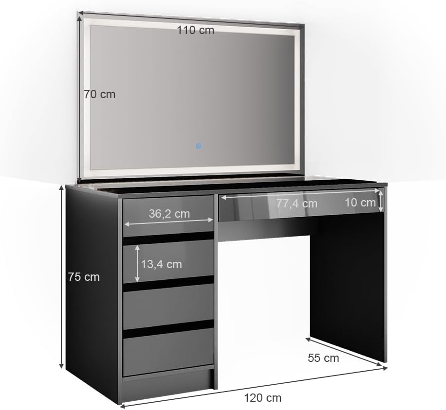 Vicco Sherry Dressing Table Black 120cm with LED Mirror