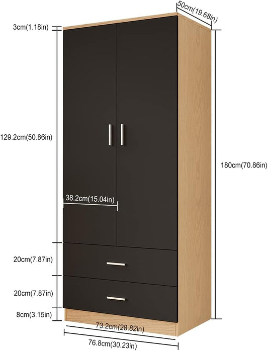 Panana 2 Door 2 Drawer Wardrobe with Hanging Rail Wooden Clothes Organizer Storage Cupboards Unit for Bedroom Furniture W 76.8 * D 50 * H 180cm (Black with Oak)