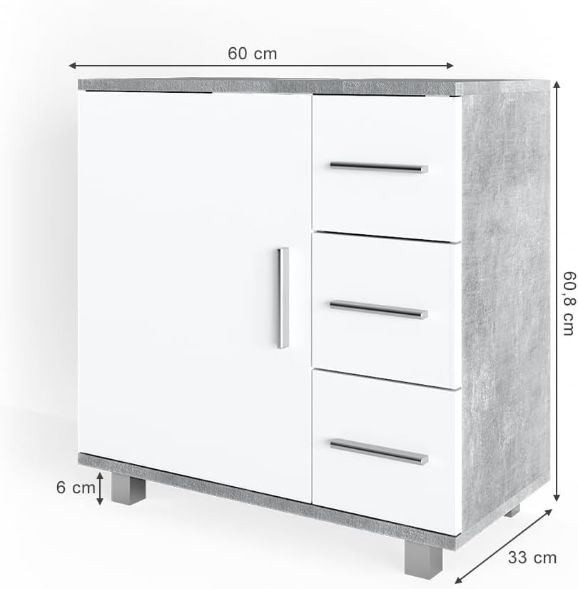 Vicco Ilias Vanity Unit Bathroom Cabinet (Concrete) - 60x60.8x33 cm - 3 Drawers & 1 Door - Stainless Steel Handles - Contemporary Style - Freestanding - Bathroom Storage