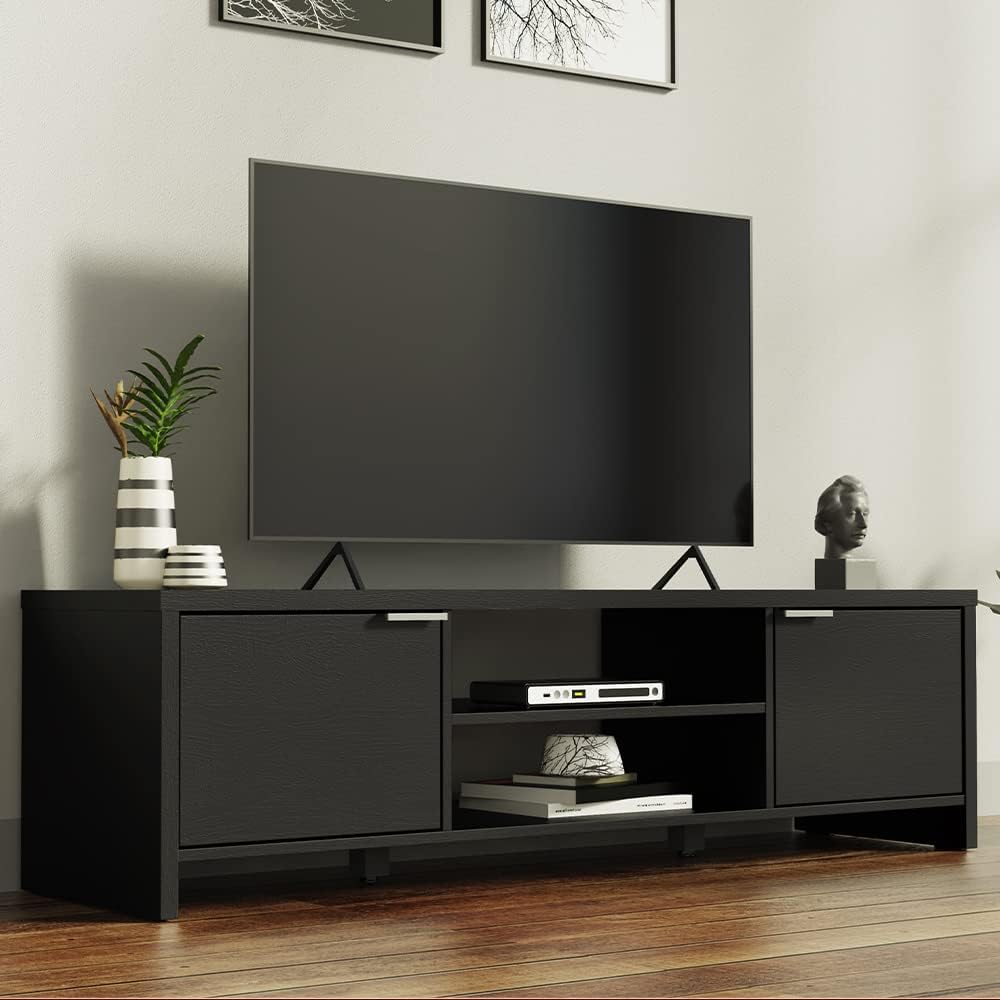 Madesa TV Stand Cabinet with Storage Space and Cable Management, TV Table Unit for TVs up to 65 Inches, Wooden, 16'' H x 15'' D x 57'' L - Black