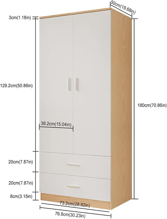 2 Door 2 Drawer Wardrobe with Hanging Rail Wooden Clothes Storage Cupboards Unit for Bedroom Furniture 76.8 * 50 * 180cm (White with Oak)