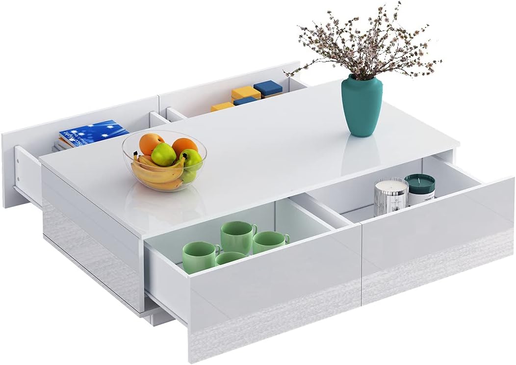 AWOOD Coffee Table for Living Room, Modern Side Table Wooden Centre Table, White High Gloss Coffee Tea Tables with 4 Drawers Storage for Home Office Furniture