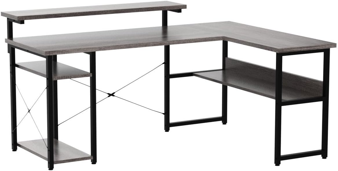 ODK L Shaped Computer Desk, 54" Reversible L Shaped Desk, Corner Computer Desk with Storage Shelves & Monitor Stand, Home Office Desk, Gaming Desk, Corner Desk, Writing Desk, Grey Oak
