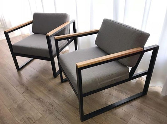 4-Piece Modern Outdoor Patio Furniture Set, Metal Frame with Wood Accents, Grey Cushions, Loveseat and Chairs with Coffee Table
