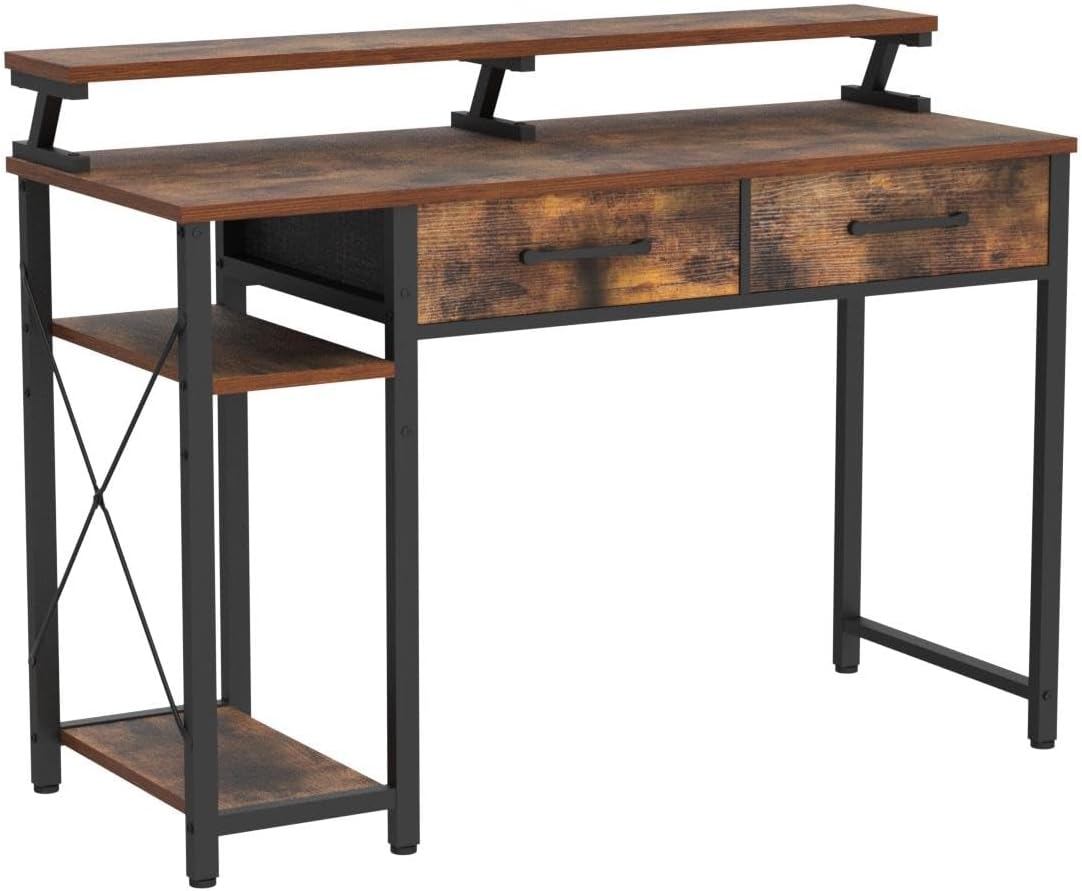 ODK Computer Desk 40" Table: Office Desk with Drawers & Wood Storage Shelves, Home Work Writing Desk & Large Space Monitor Stand, Rustic Brown