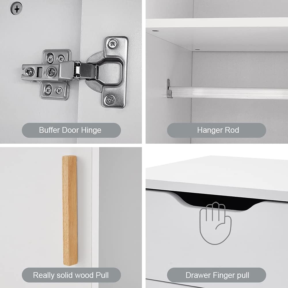 Panana Modern 2 Door Wardrobe Clothes Closet with Wood Leg Wooden Clothes Cabinet Furniture Unit with Hanging Rail Storage Drawer Bedroom White