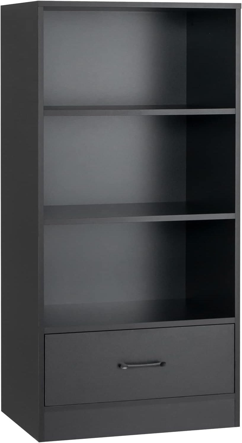COSTWAY Wooden Bookcase, Freestanding Storage Bookshelf Cabinet with 3-Tier Open Shelves & Drawer, Display Rack Shelving Unit Cupboard for Living Room, Bedroom, Hallway and Office (Black)