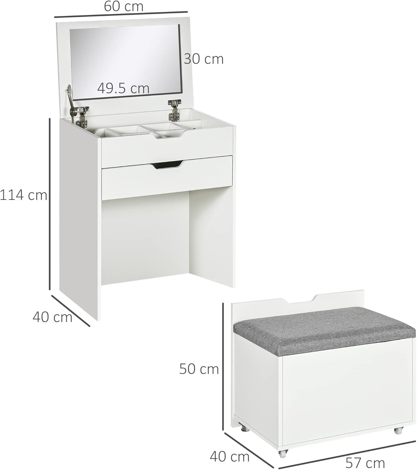 FurniFlex Dressing Table with Mirror and Matching Stool, White
