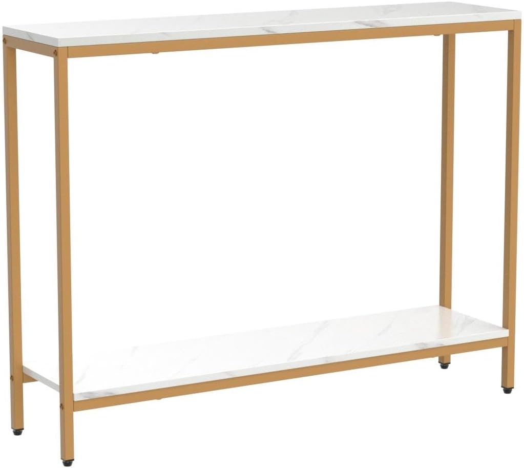 loglus Console Table for Entryway, Faux Marble MDF Sofa Table with Golden Frame (Double Layer,Single Layer, White Marble)