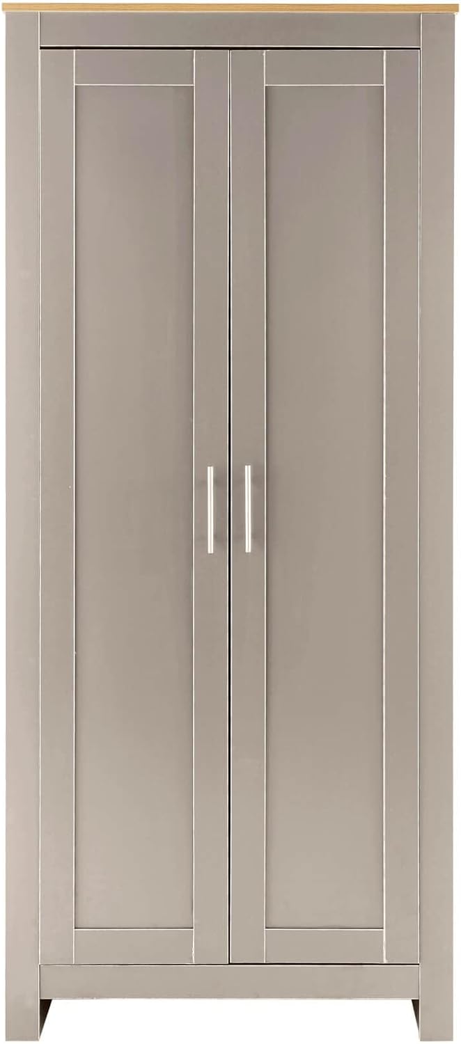 Home Source 2 Wardrobe Tall Clothes Organiser Hanging Rail Shelf Storage, Wood, Grey, Panelled Doors