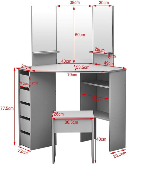 Panana Dressing Table MDF Corner Makeup Table with 3 Mirrors, 5 Drawers, 1 Compatiment and Bedroom Stool, 109 cm (L) x 55 cm (W) x 140 cm (H) (Grey)