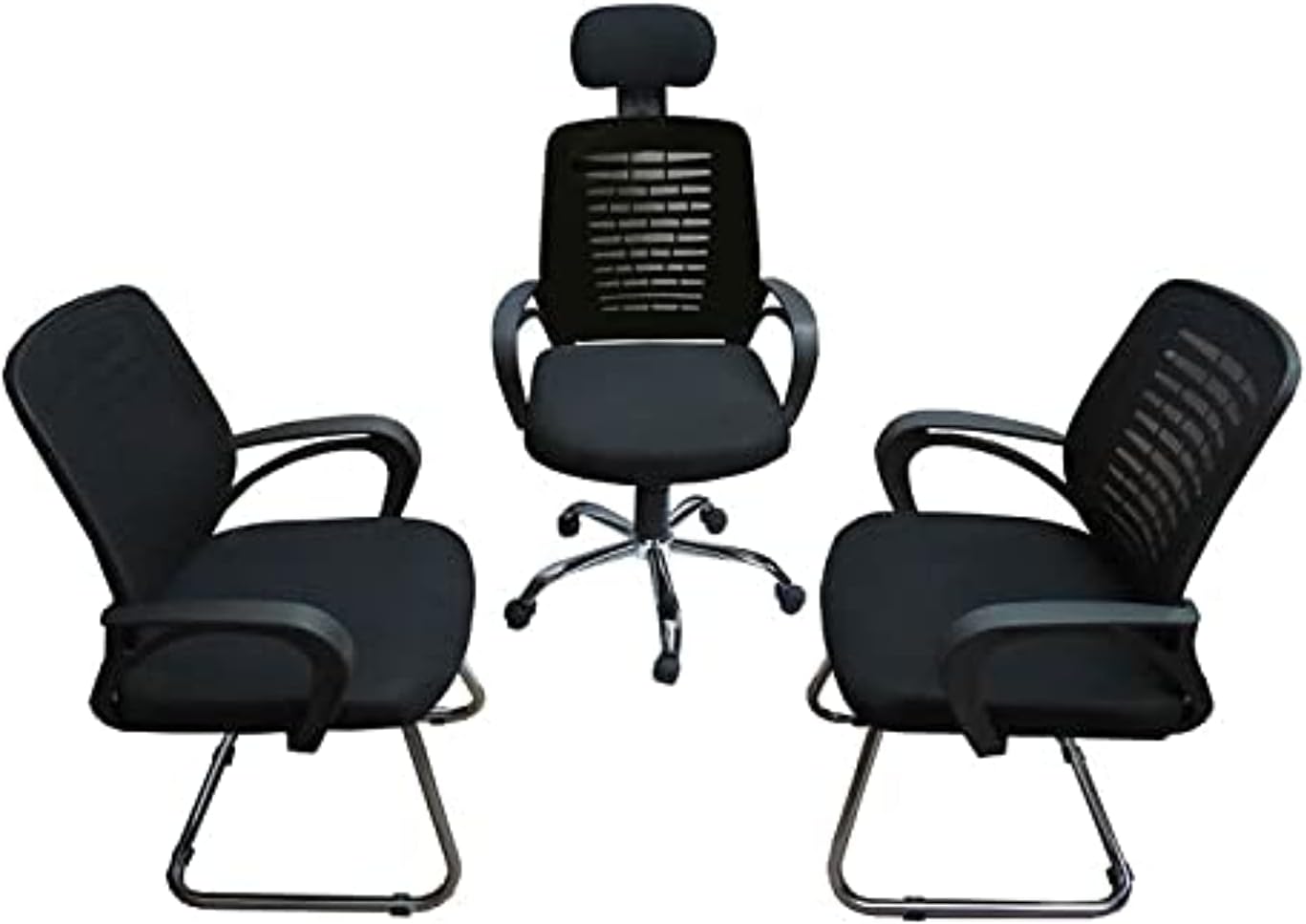 2 Office Fixed Chair and Wheelchair with Headrest Set (Black)
