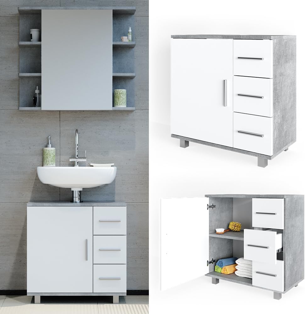 Vicco Ilias Vanity Unit Bathroom Cabinet (Concrete) - 60x60.8x33 cm - 3 Drawers & 1 Door - Stainless Steel Handles - Contemporary Style - Freestanding - Bathroom Storage